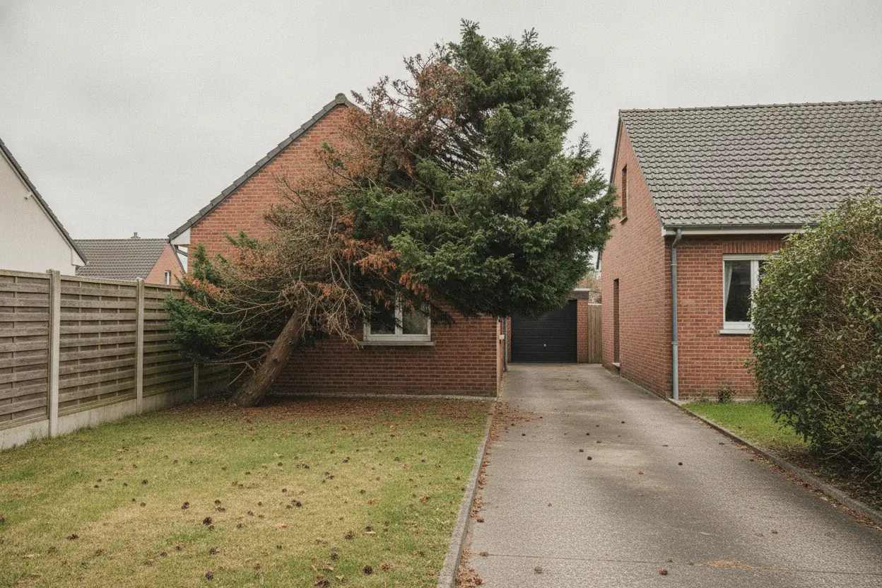 Conifère penché vers la toiture et le garage avant abattage, jardin à Saint-Quentin