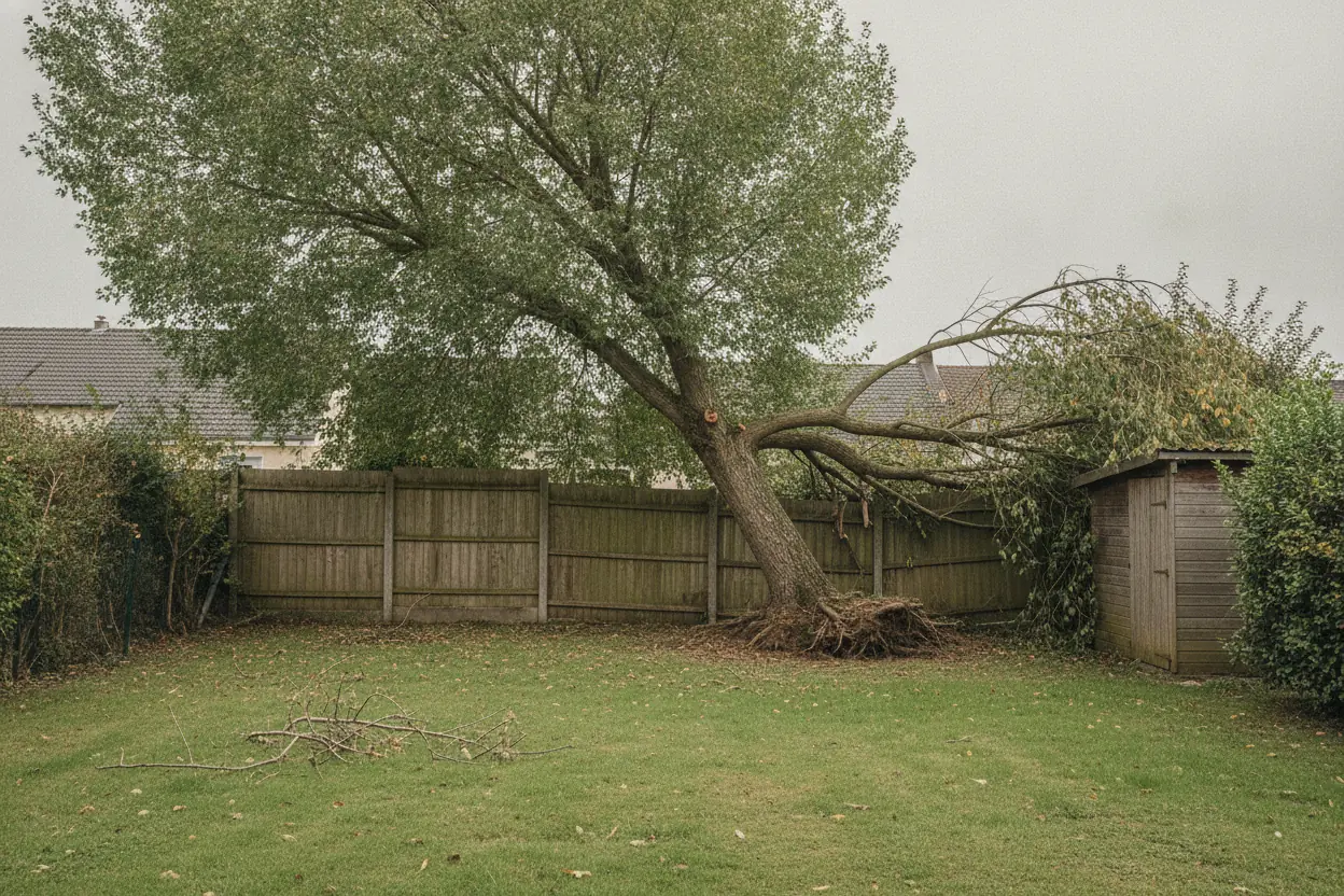 Arbre penché instable contre une clôture de jardin avant abattage à Saint-Quentin
