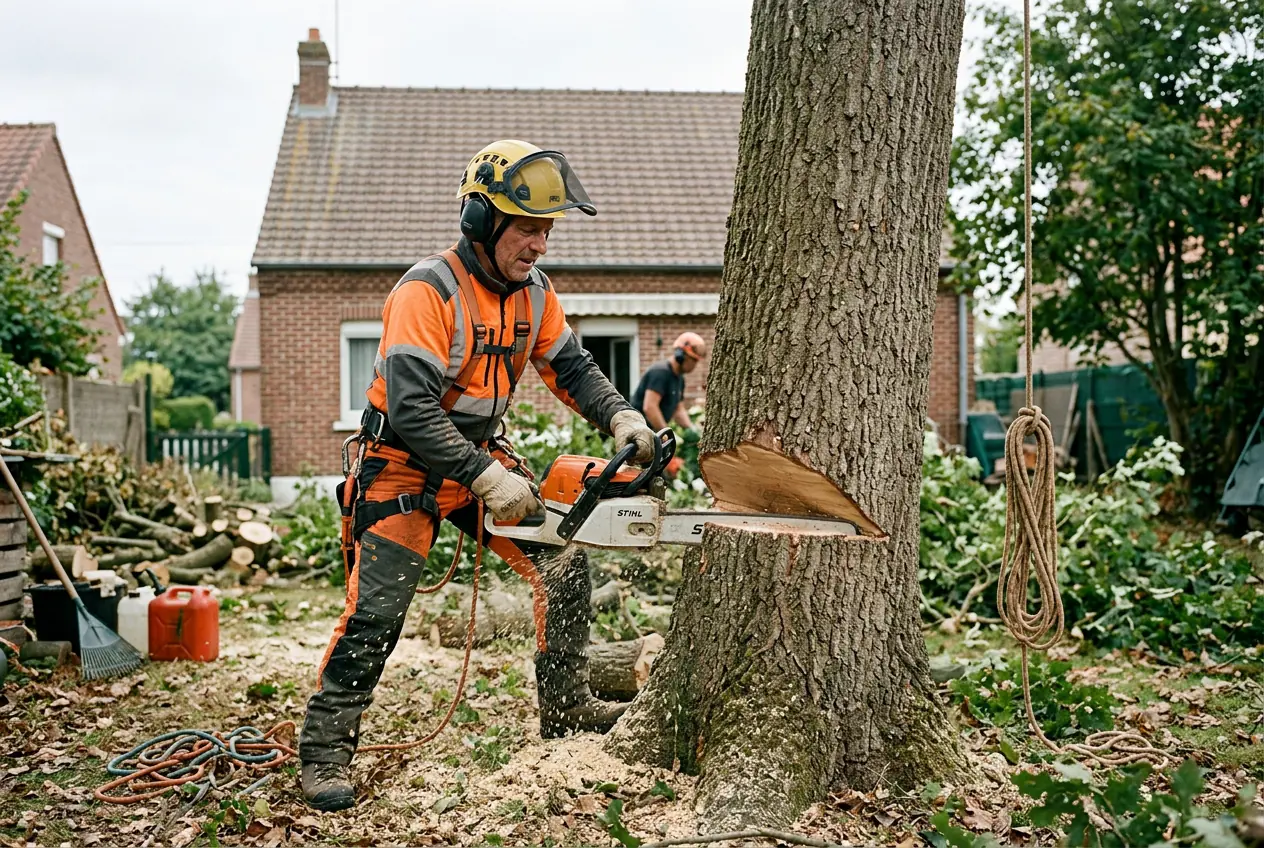 Abattage sécurisé d'un arbre près d'une maison au Faubourg d'Isle