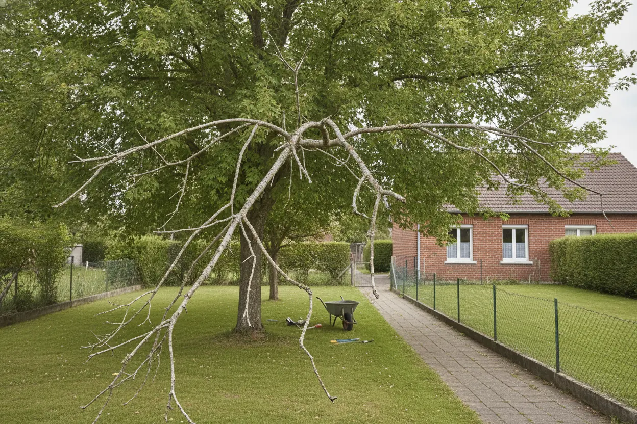 Érable avec branches mortes menaçant une allée, quartier Saint-Jean à Saint-Quentin