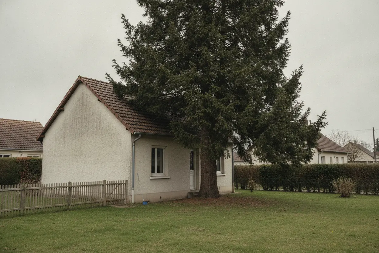 Conifère penché vers la toiture d'une maison, secteur Faubourg d'Isle à Saint-Quentin
