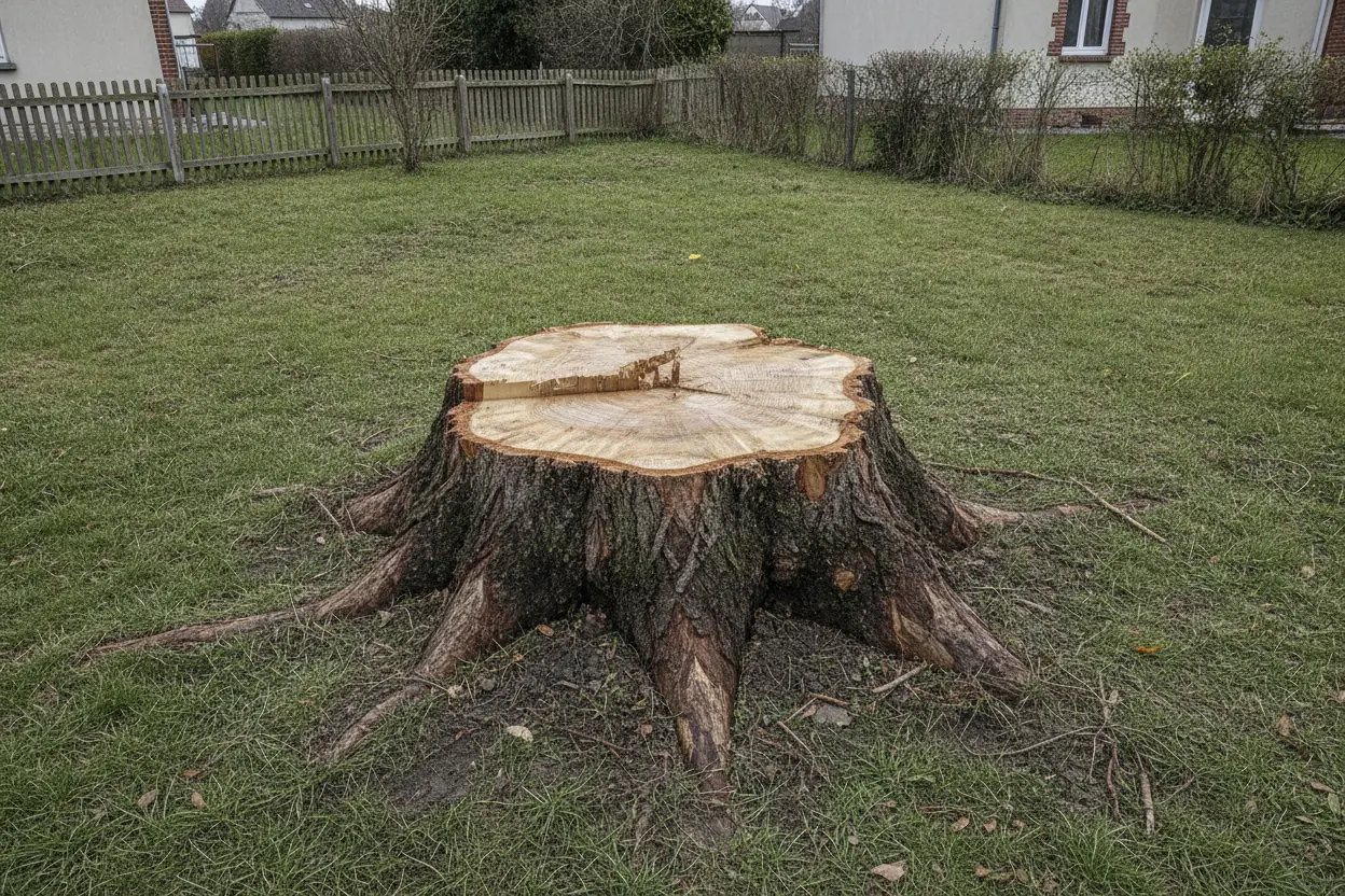 Grosse souche fraîche au milieu d'une pelouse, secteur Étang d'Isle à Saint-Quentin