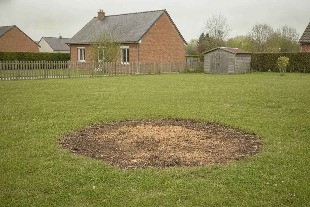 Pelouse remise à plat après dessouchage à Saint-Quentin, copeaux de bois au sol