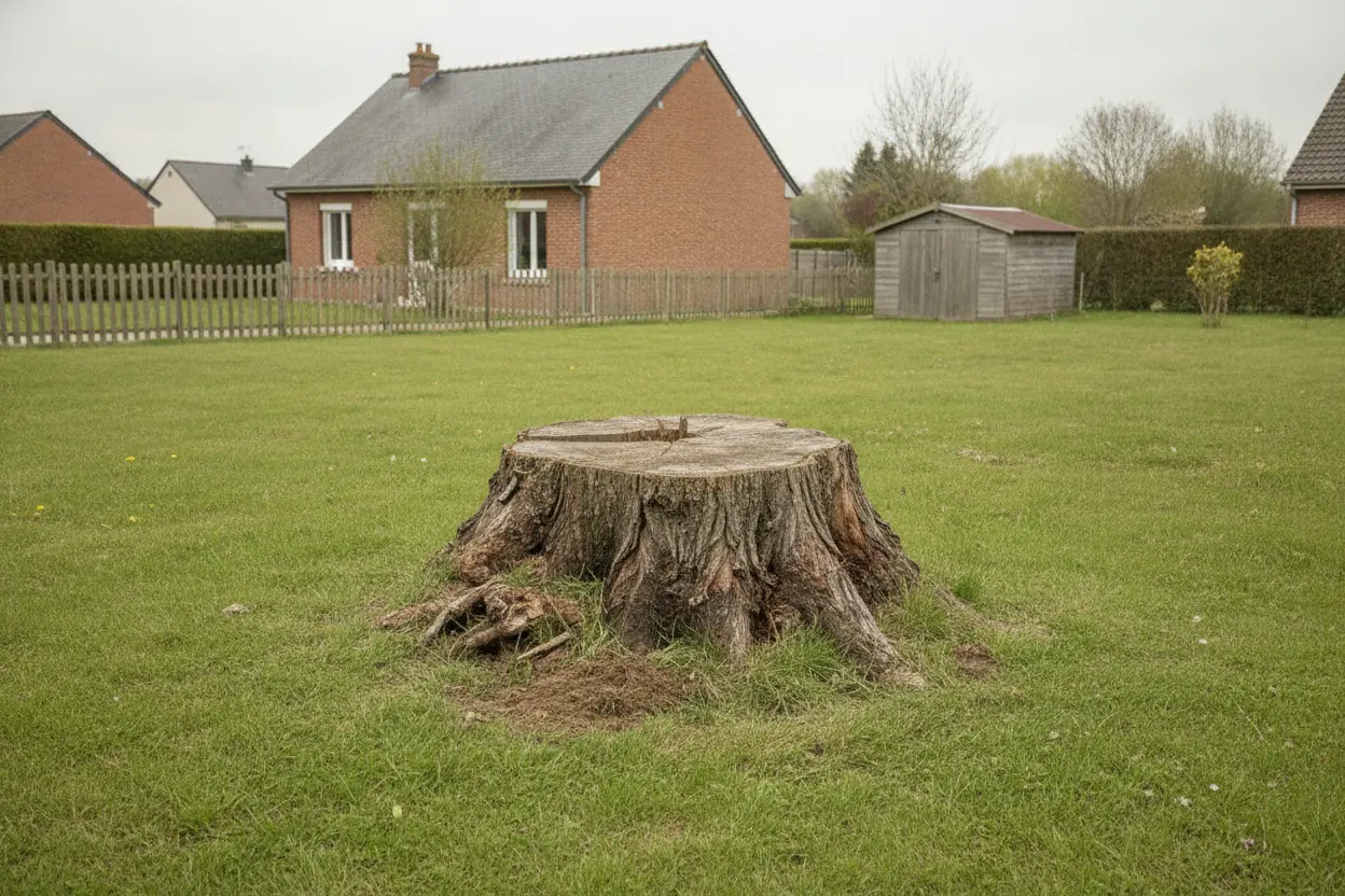 Grosse souche d'arbre au milieu d'une pelouse de jardin pavillonnaire à Saint-Quentin