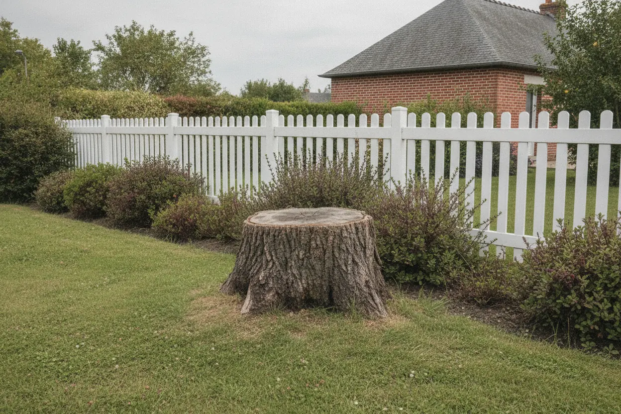 Souche en bordure d'un massif planté le long d'une clôture à Saint-Quentin