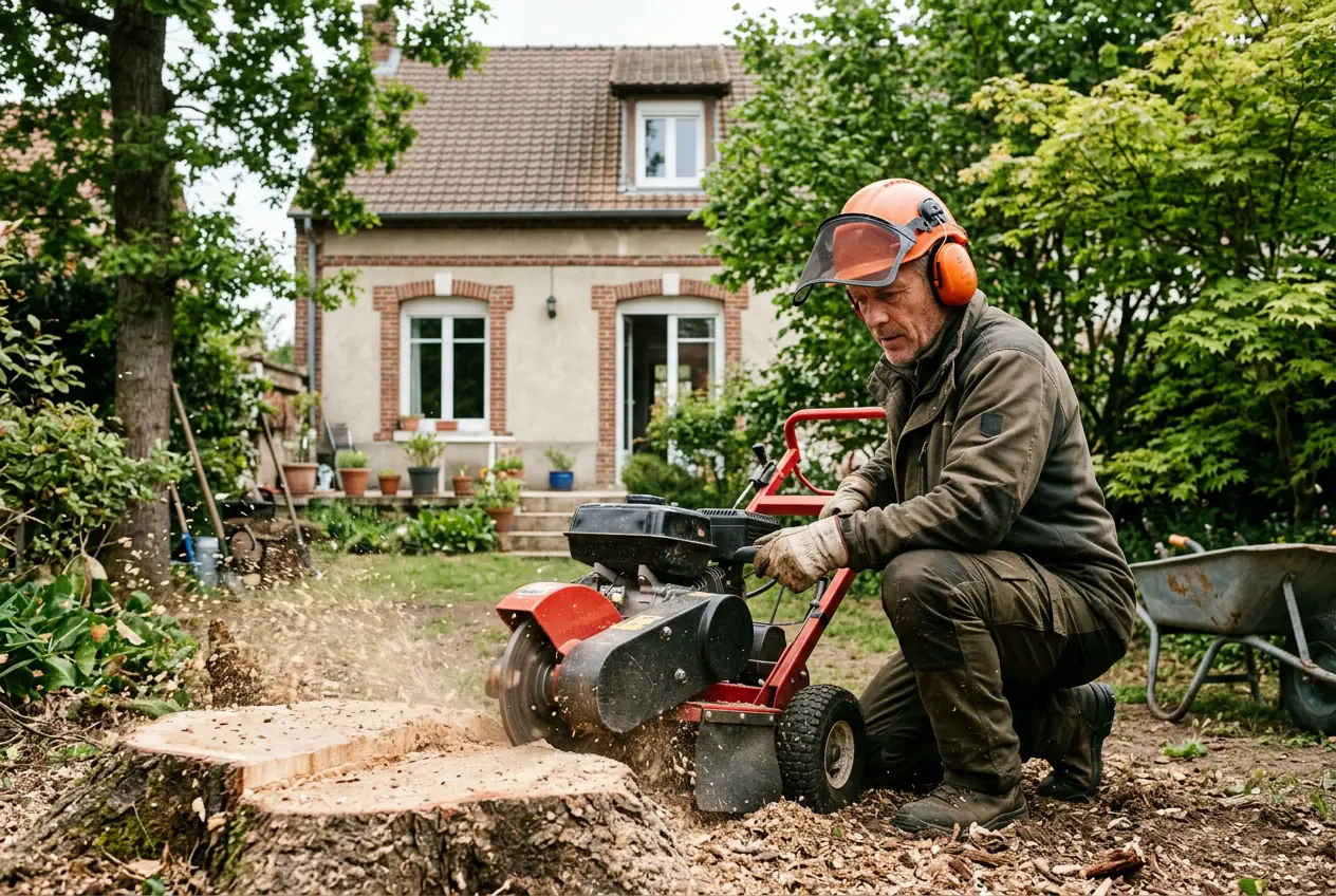 Rognage de souche dans un jardin à Gauchy