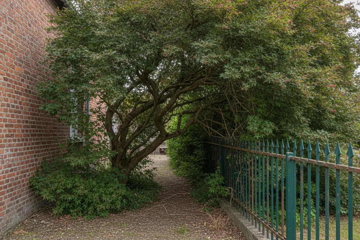 Érable envahissant un passage étroit entre maison et clôture à Saint-Quentin avant taille