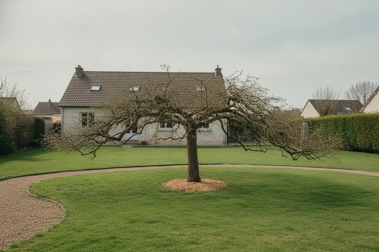 Arbre d'ornement remis en forme sur pelouse nette à Saint-Quentin, broyat au pied