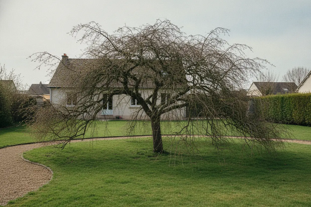 Arbre d'ornement aux branches basses désordonnées sur pelouse à Saint-Quentin
