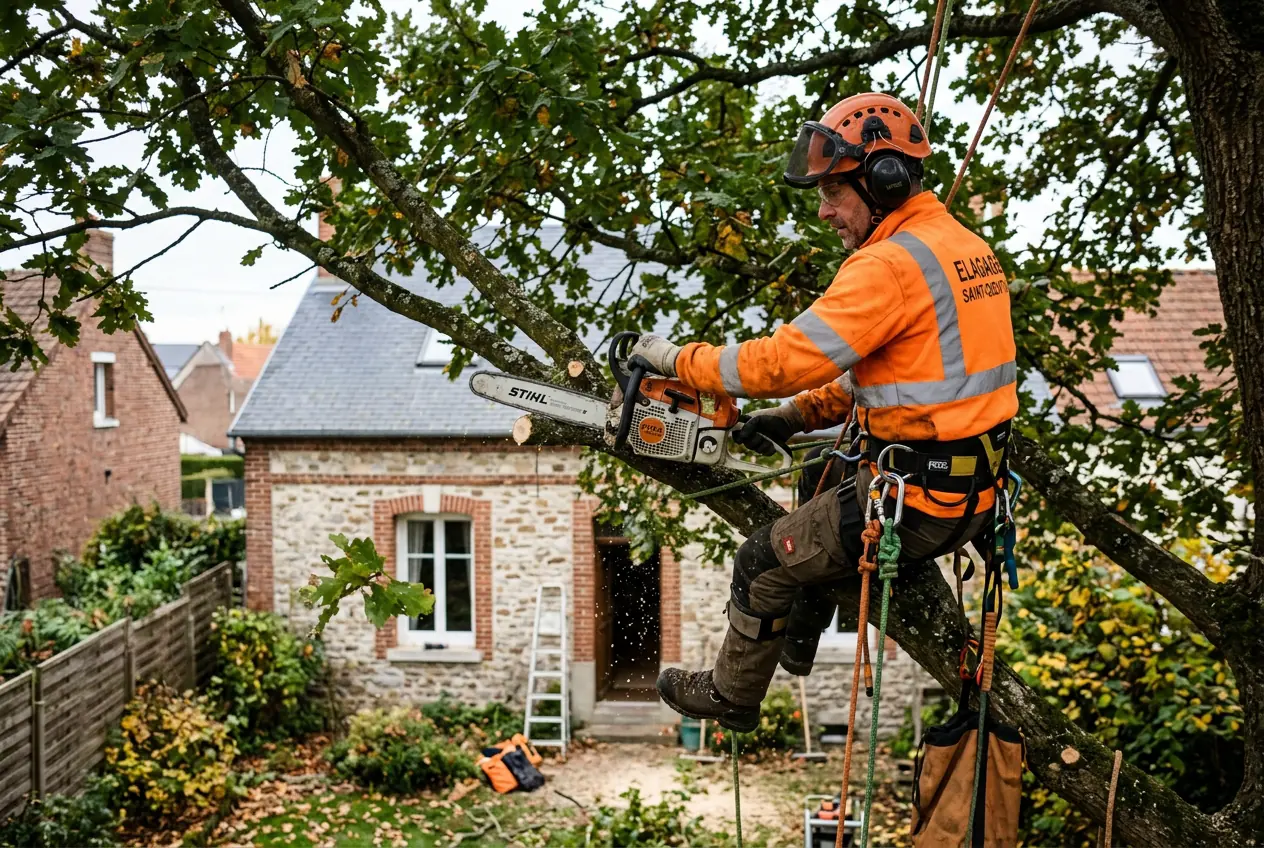 Élagueur taillant un arbre dans un jardin du centre-ville de Saint-Quentin