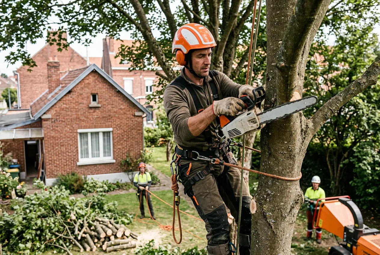 Arboriste grimpeur équipé de cordes dans un arbre à Saint-Quentin