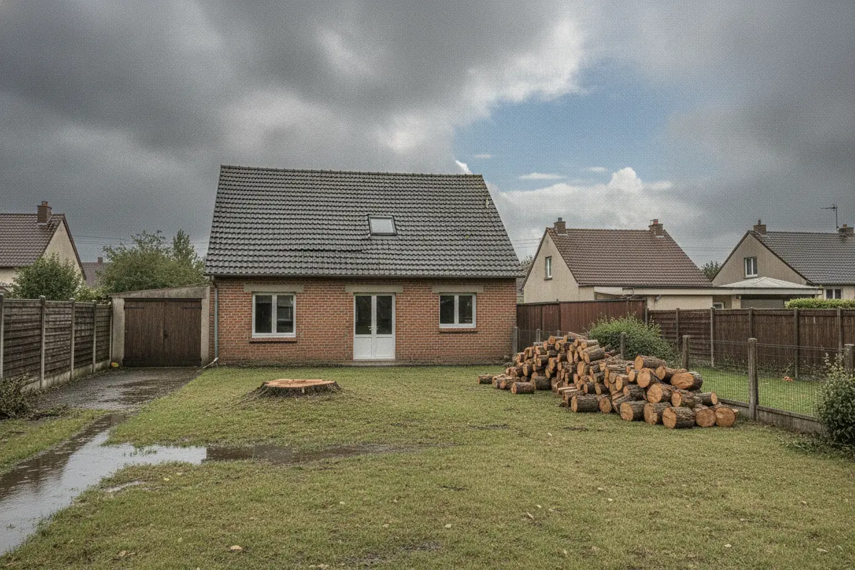 Jardin sécurisé à Saint-Quentin après élagage d'urgence, bois débité rangé, toiture dégagée