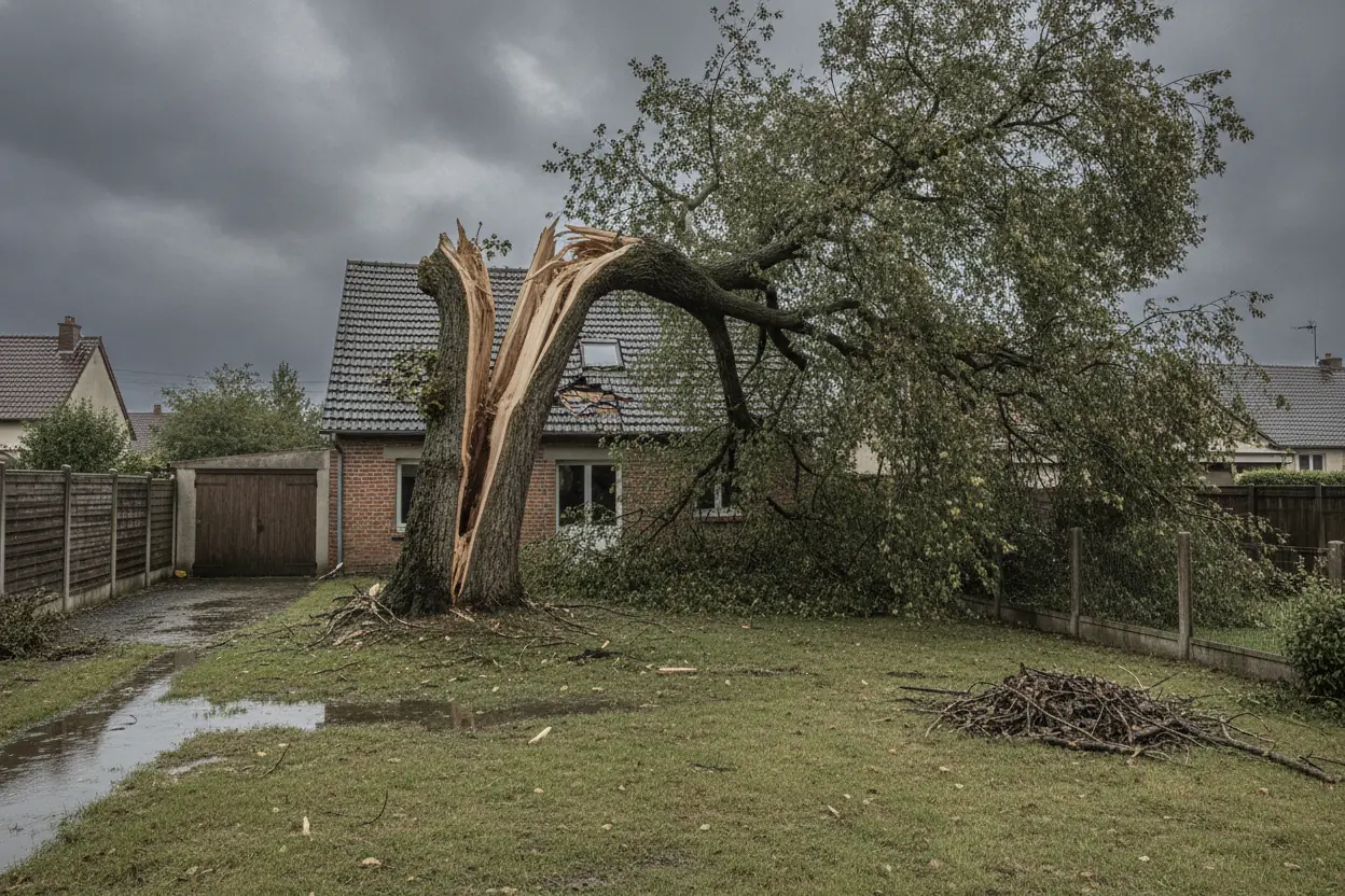 Chêne fendu par la tempête menaçant un toit à Saint-Quentin, houppier écrasé sur les tuiles