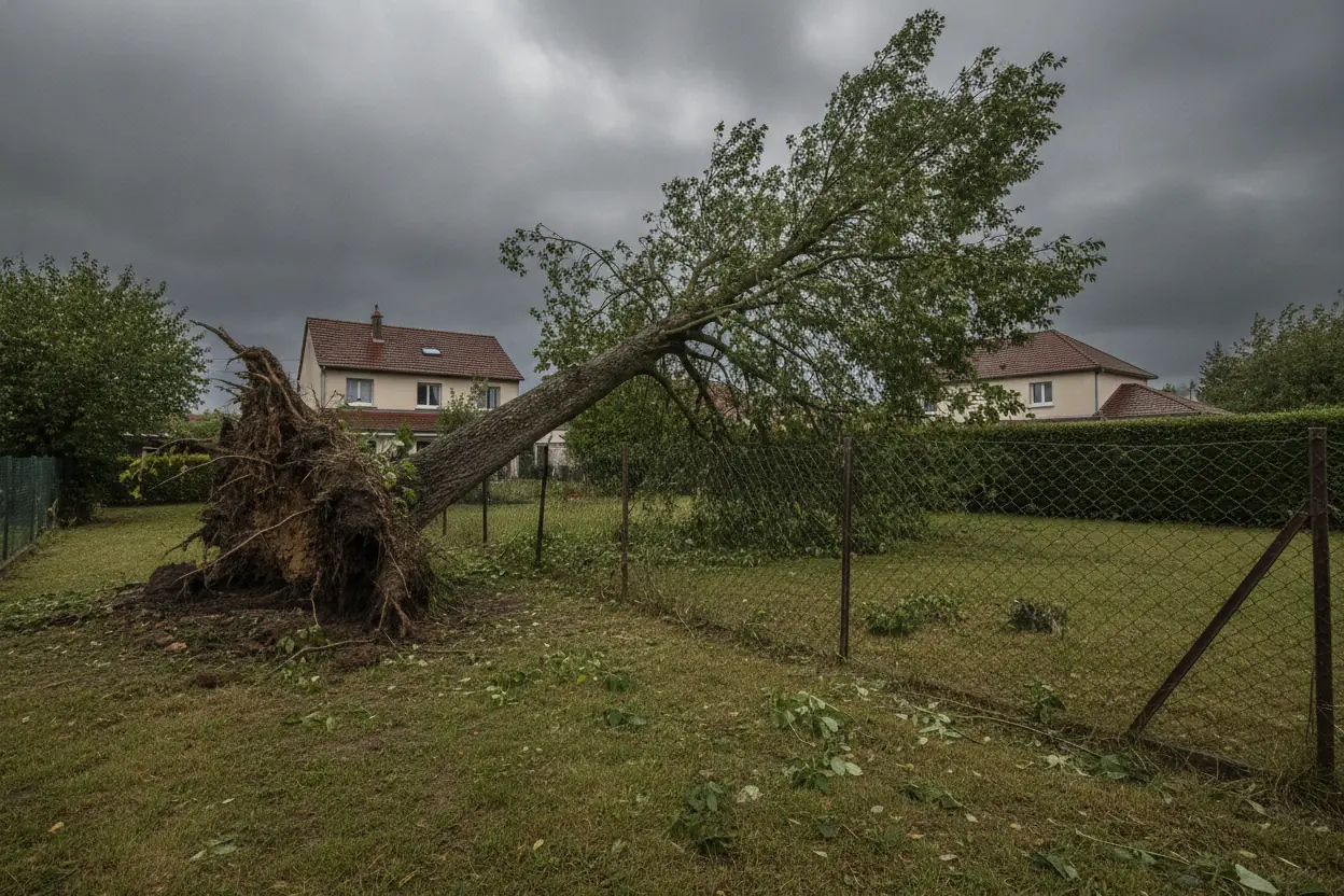 Arbre déraciné penché sur une clôture grillagée dans un jardin près de Saint-Quentin