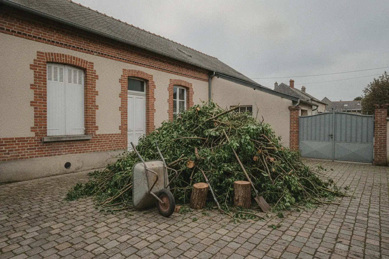 Gros tas de branchages entassé dans une cour de maison à Saint-Quentin avant évacuation