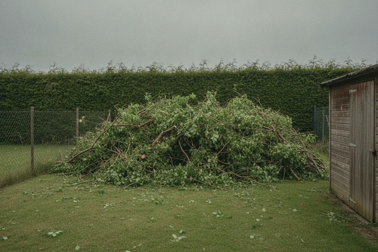 Fond de jardin à Saint-Quentin avec branches et feuillage entassés après une coupe