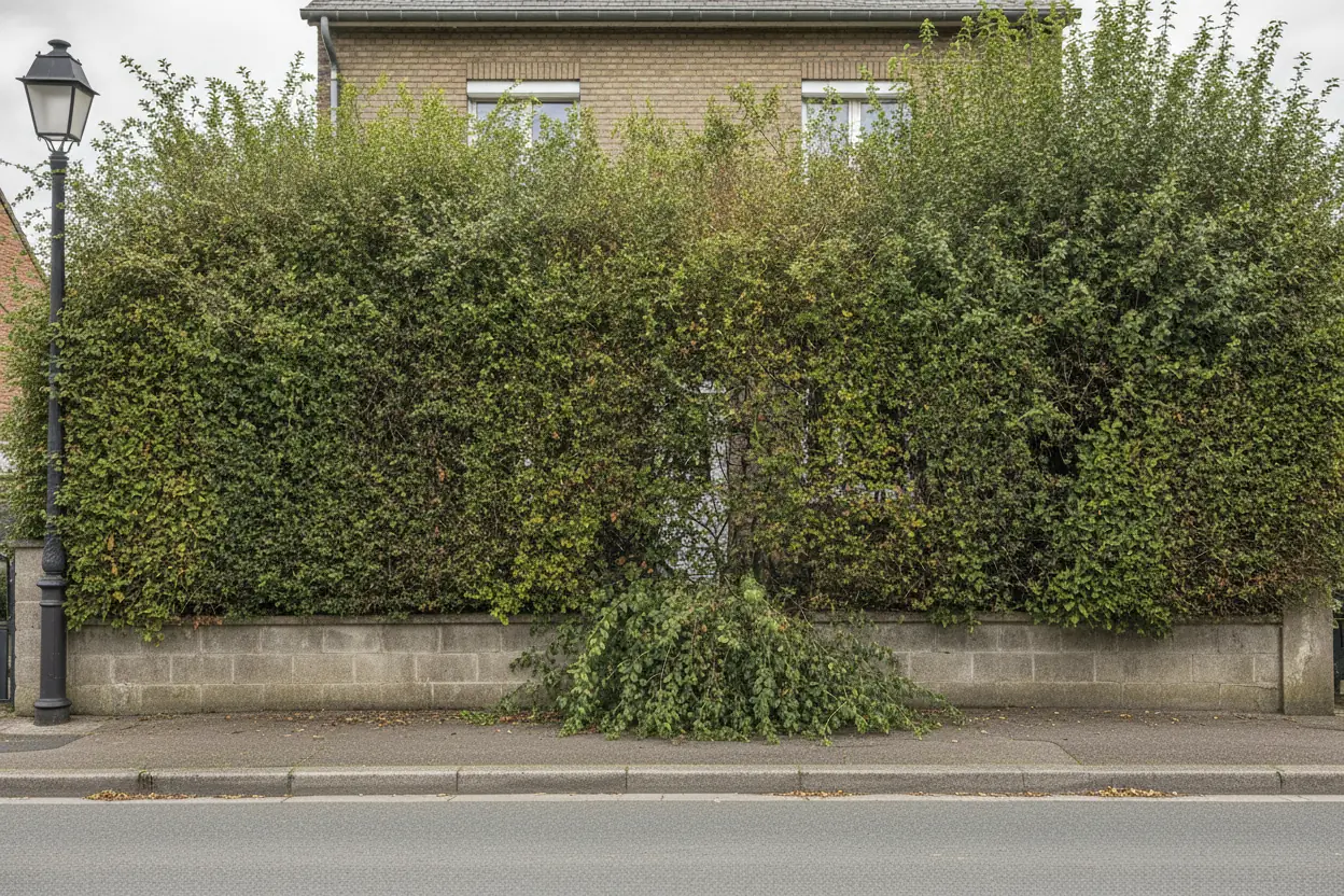 Haie de façade haute et broussailleuse masquant une maison à Saint-Quentin