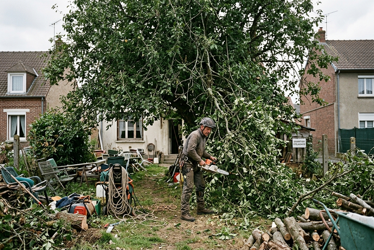 Arbre incliné à Gauchy avant démontage sécurisé